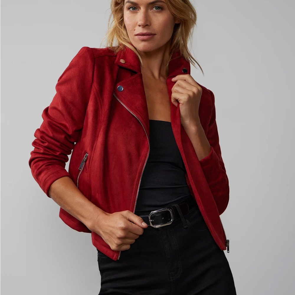 New York & Company Red Faux Suede Moto Jacket